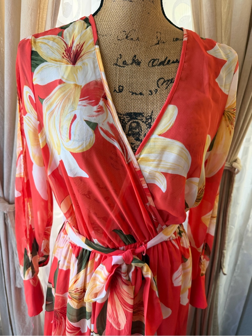 Kate & Lily Coral Floral Chiffon Wrap Maxi Dress Long Sleeve Belted Size 8 - Picture 3 of 11